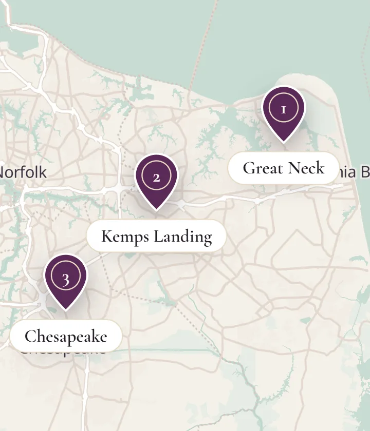 Map of my three offices: Great Neck and Kemps Landing in Virginia Beach, and Chesapeake.